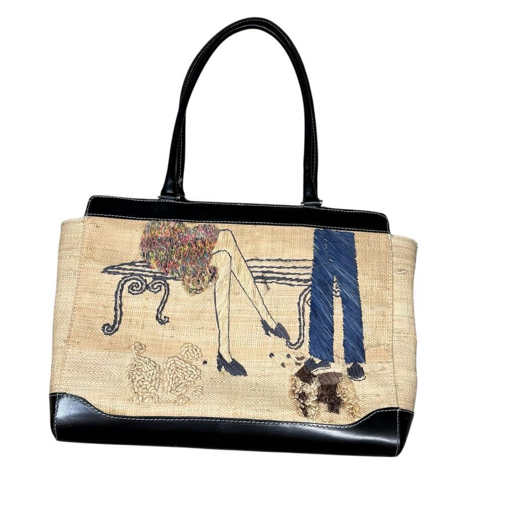 Summer Tompkins Vintage Embroidered Straw Park Scene Tote Market Bag Handbag